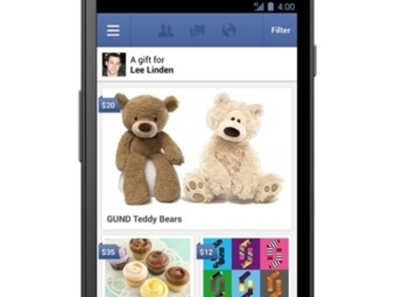 Интерфейс выбора подарков в мобильном приложении Facebook. Изображение из блога соцсети