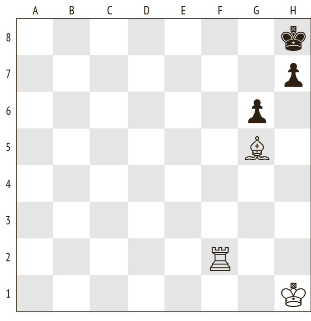 Задача № 3
Белые: Кр h1; Л f2; С g5
Черные: Кр h8; п g6; h7