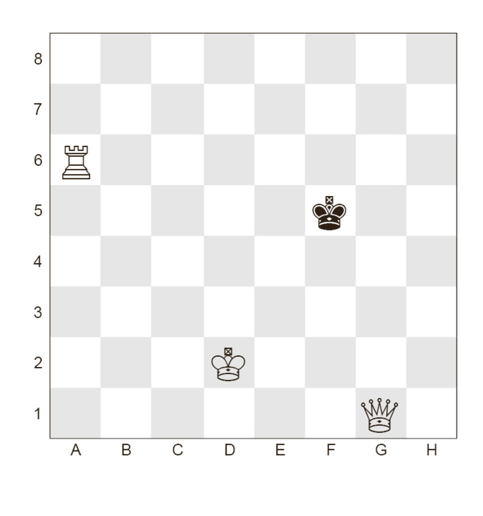 Задача № 8
Белые: Кр d2; Ф g1; Л a6
Черные: Кр f5