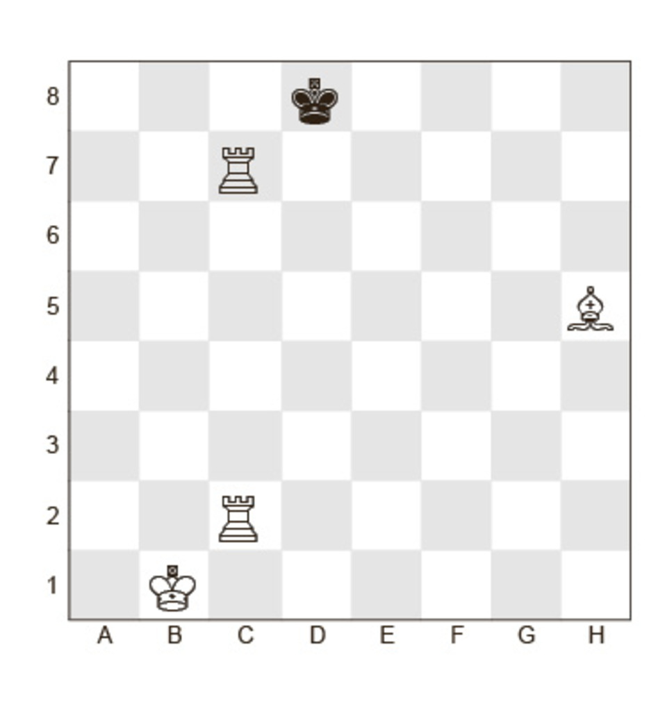 Задание №17.
Белые:	Кр b1, Л c2, Л с7, C h5;
Черные:	Кр d8;