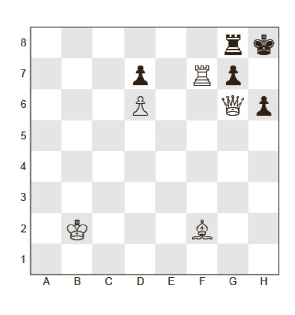 Задание № 12.
Белые:	Кр b2, Ф g6, Л f7; С f2, п d6;
Черные:	Кр h8, Л g8, п d7, g7, h6;