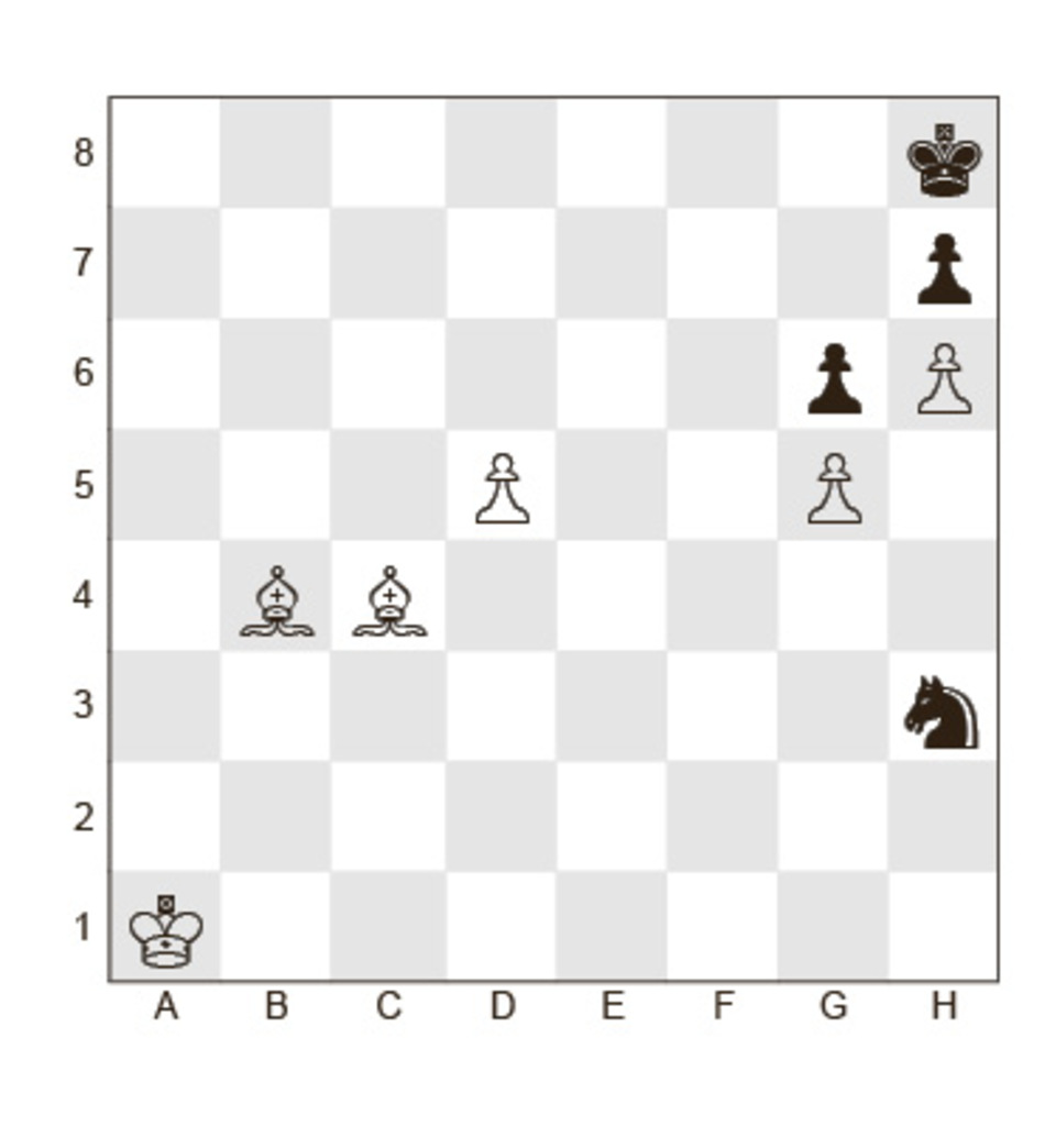 Задание №22.
Белые:	 Кр a1, C b4, C c4, пешки d5, g5, h6
Черные: Кр h8, K h3, пешки g6, h7;