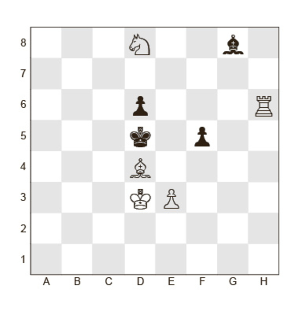 Задание №38.
Белые: Кр d3, Л h6, С d4, К d8, пешка e3
Черные: Кр d5, С g8, пешки d6, f5;
