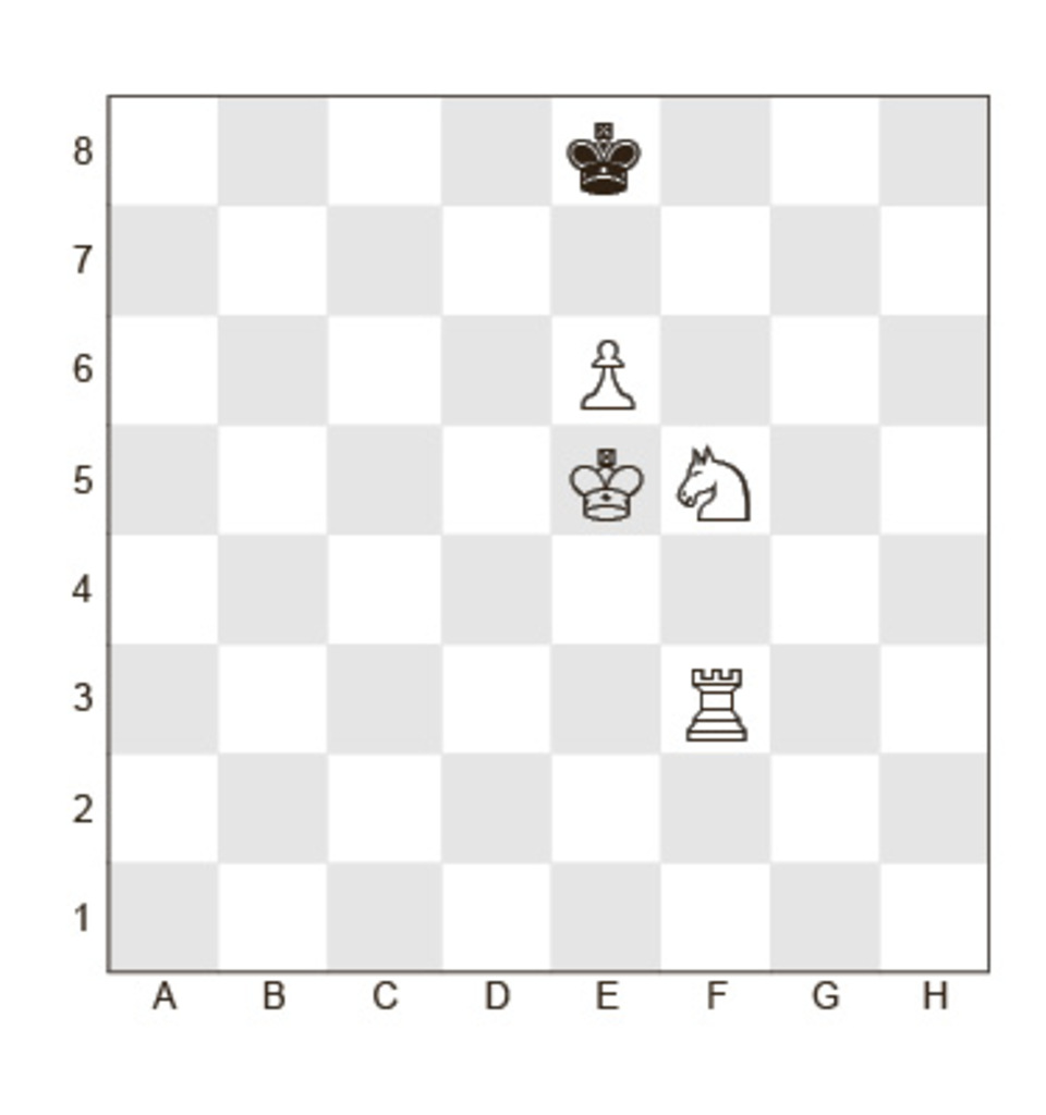 Задание №35.
Белые: Кр e5, Л f3, K f5, пешка e6
Черные: Кр e8;