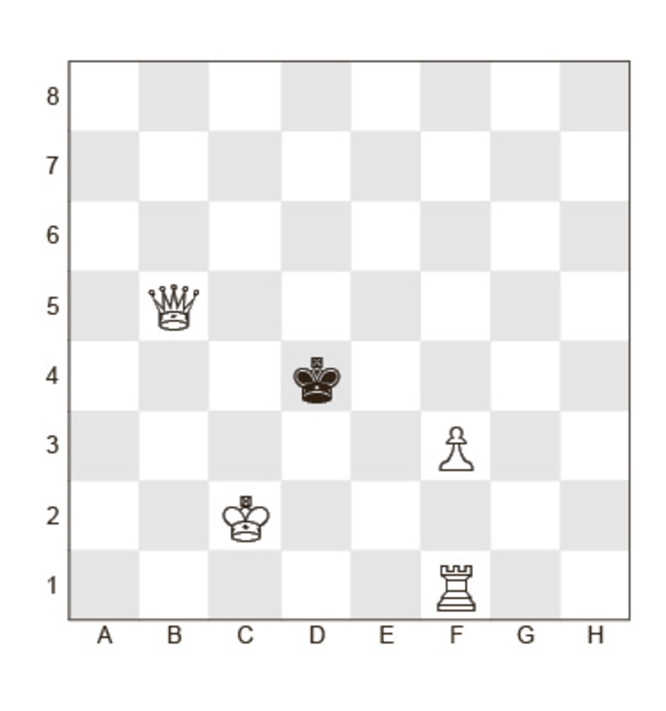 Задание №32.
Белые: Кр c2, Ф b5, Л f1, пешкa f3
Черные: Кр d4;